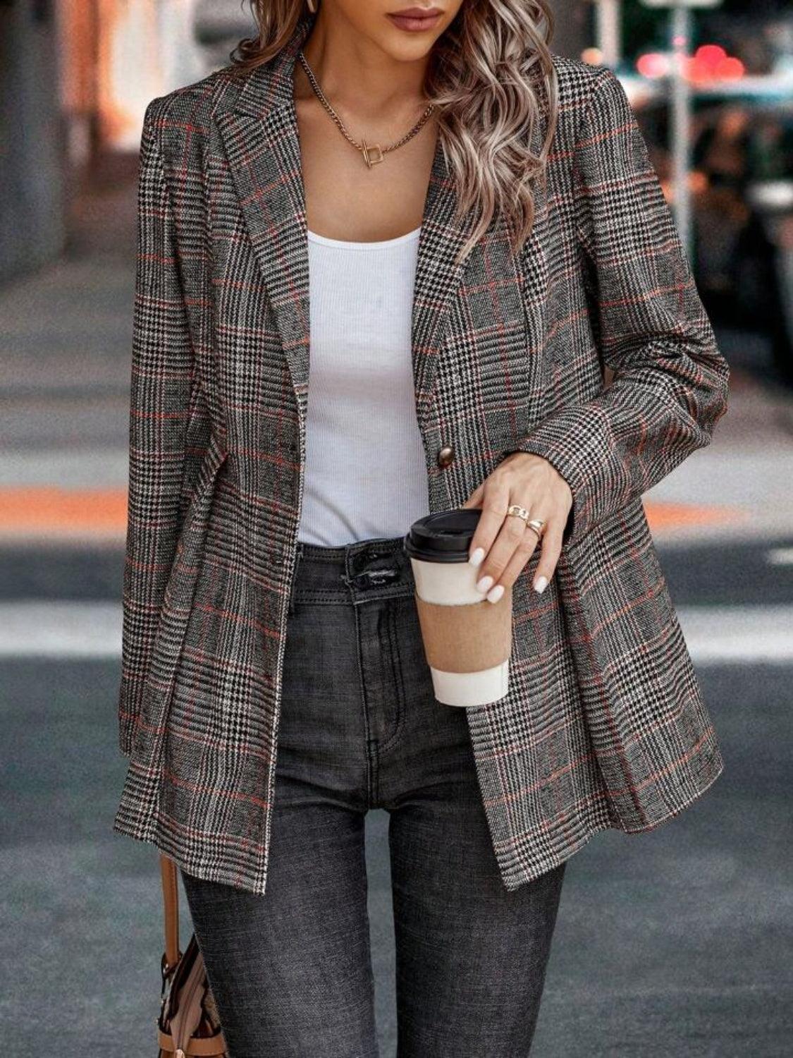Plaid Button Up Lapel Collar Blazer Brown