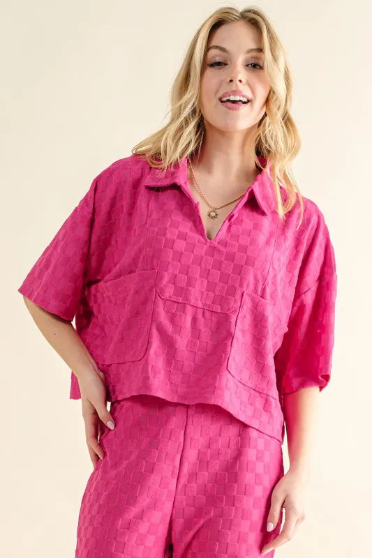 And The Why Brushed Texture Checker Board Pattern Casual Top FUCHSIA