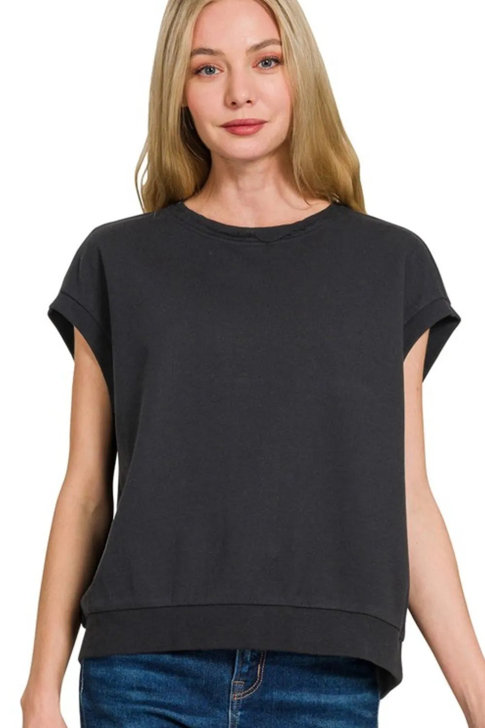 Zenana French Terry Round Neck Cap Sleeve T-Shirt BLACK
