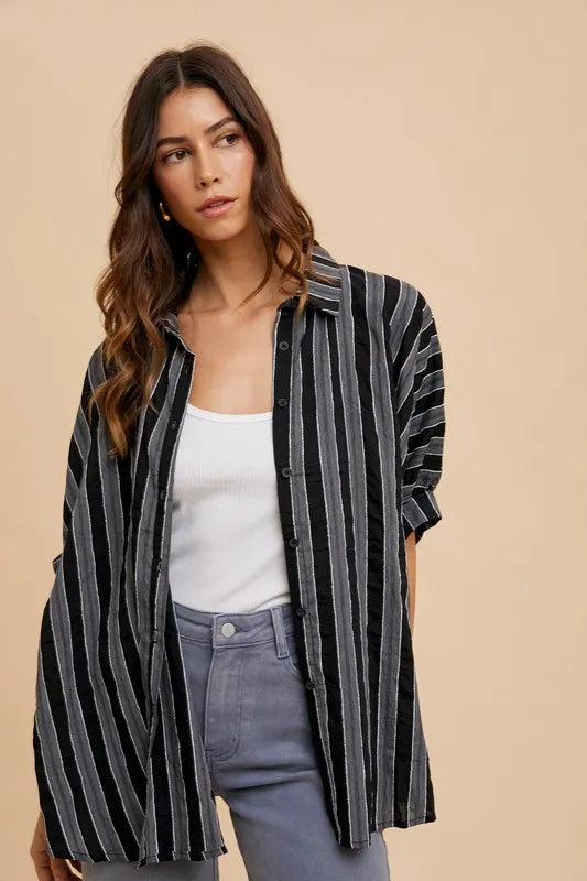 Annie Wear Oversized Drop Shoulder Striped Woven Shirt