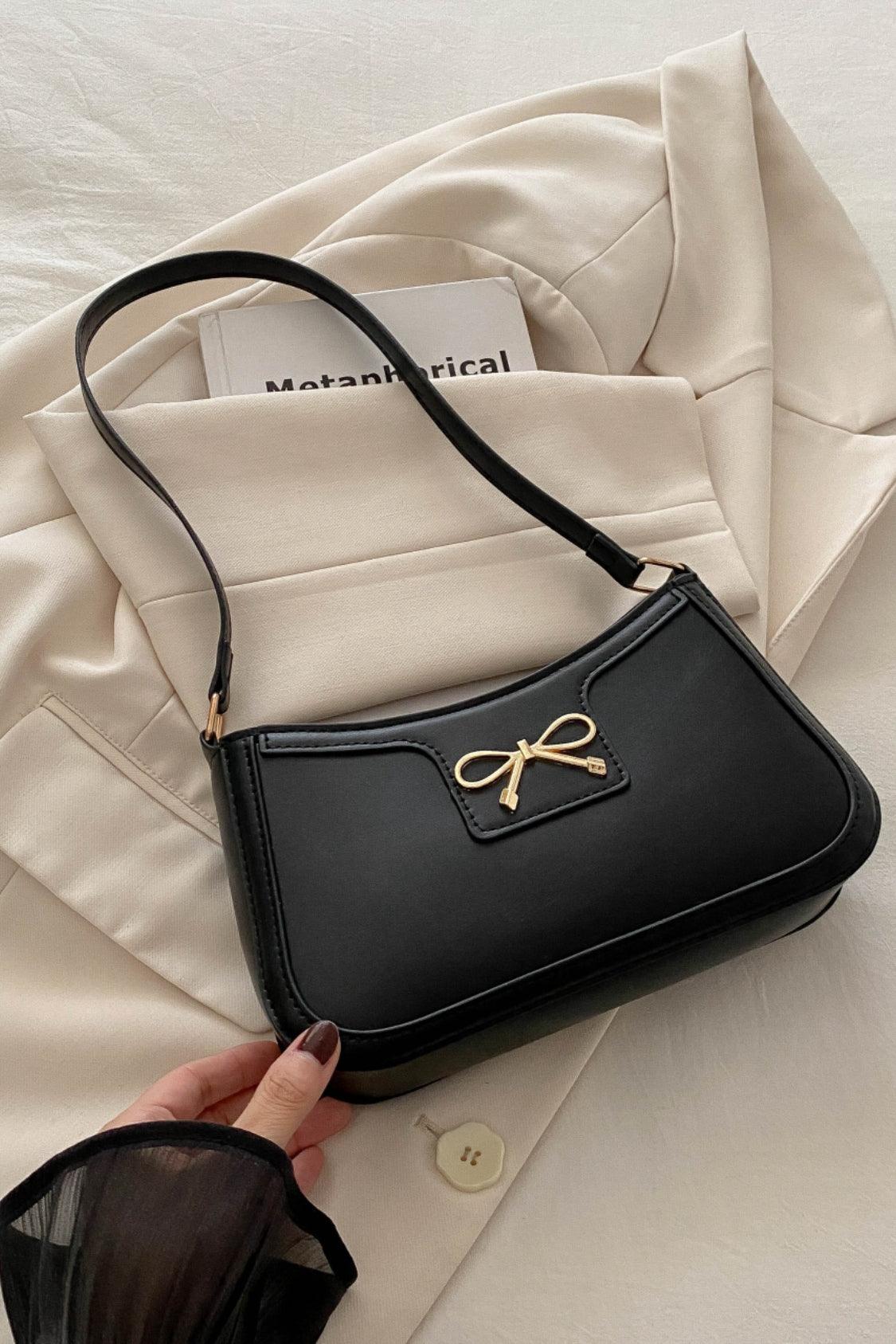 Bow Trim PU Leather Shoulder Bag Black One Size