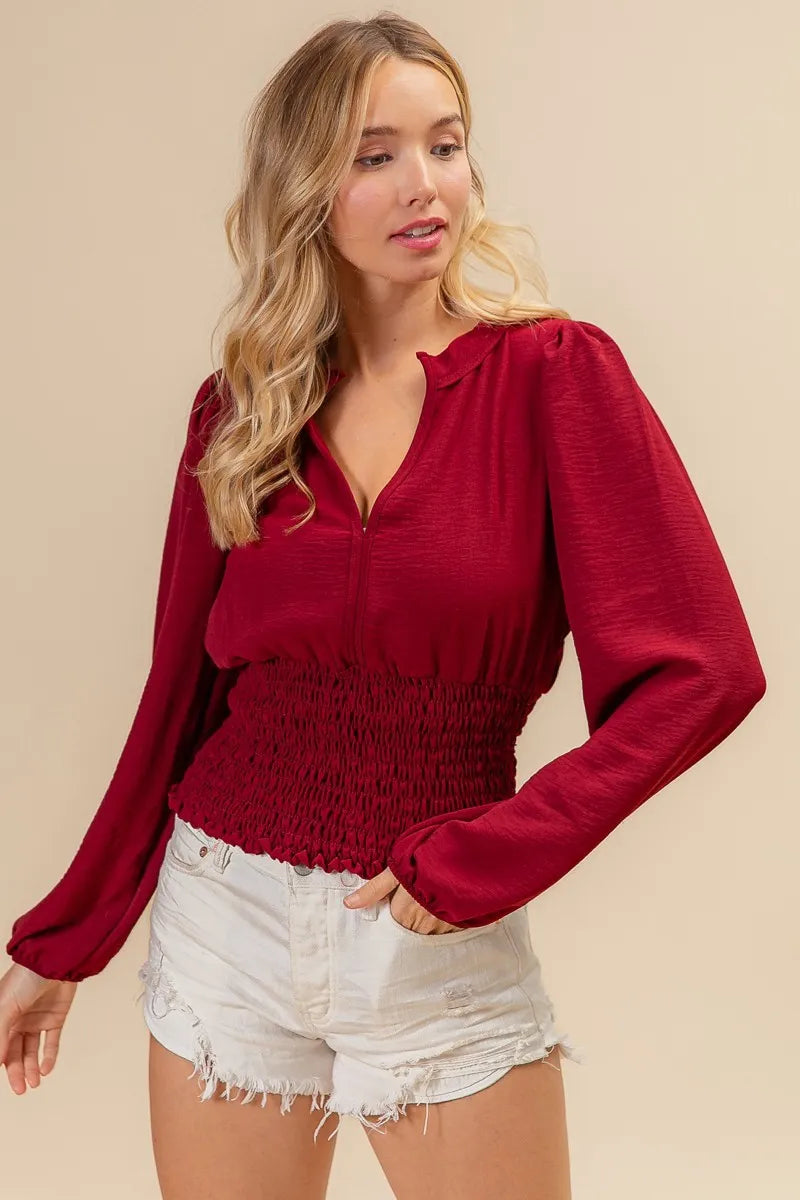 BiBi Smoking Waist Band and Puff Sleeves Deep V Neck Top WINE