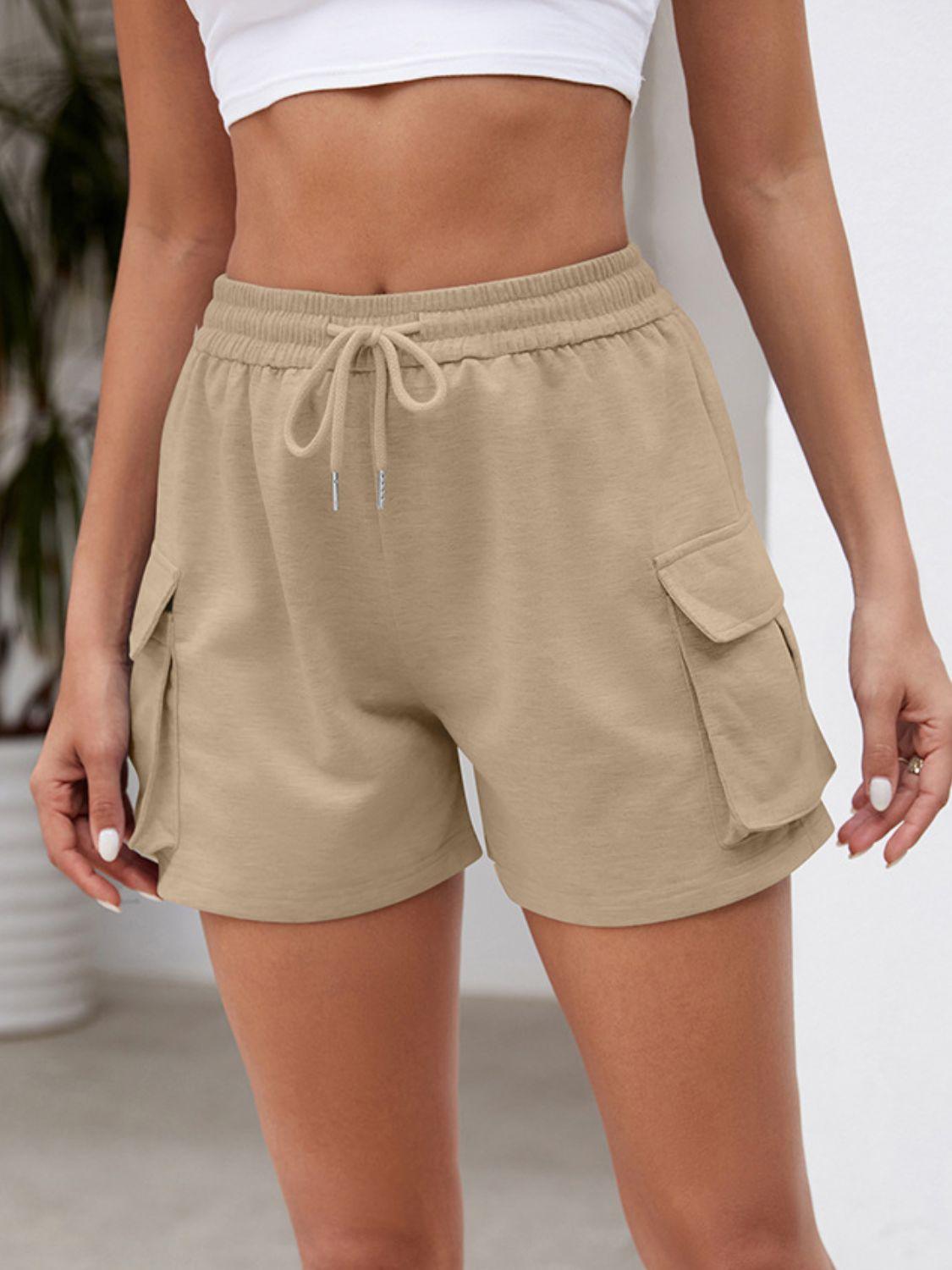 Drawstring Elastic Waist Shorts with Pockets Camel