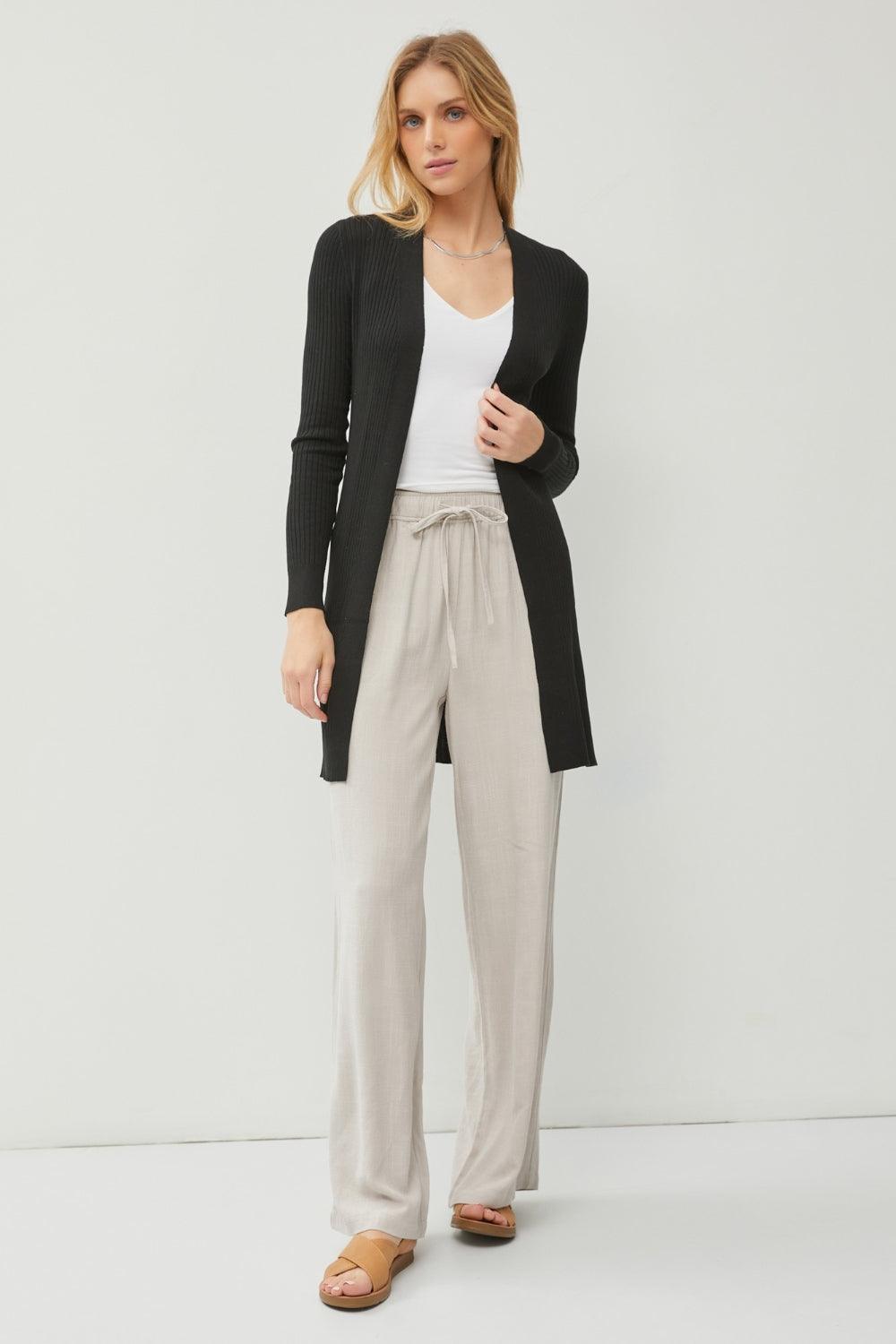 Be Cool Ribbed Open Front Long Sleeve Cardigan BLACK