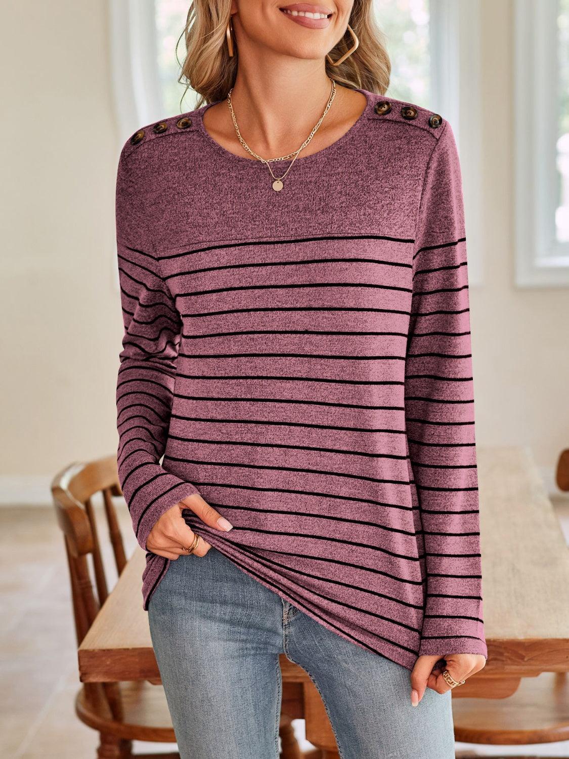 Lovelet Striped Round Neck Long Sleeve T-Shirt Moonlit Mauve