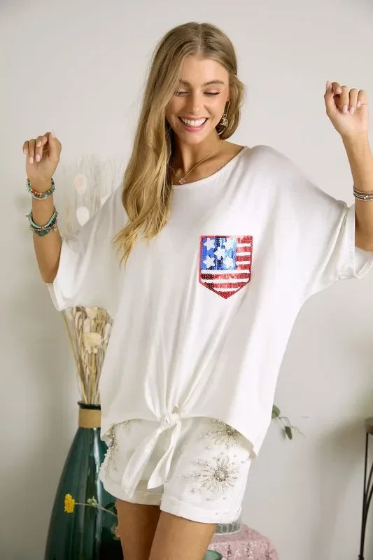 ADORA Sequin US Flag Pocketed Top