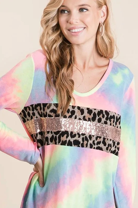 BiBi Tie Dye Deep U-neck Top with Leopard and Sequins