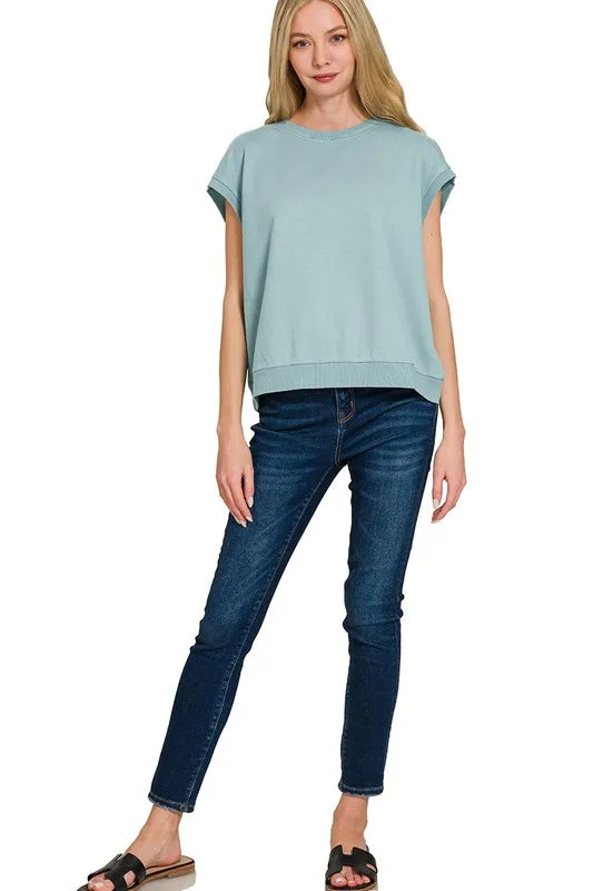 Zenana French Terry Round Neck Cap Sleeve T-Shirt