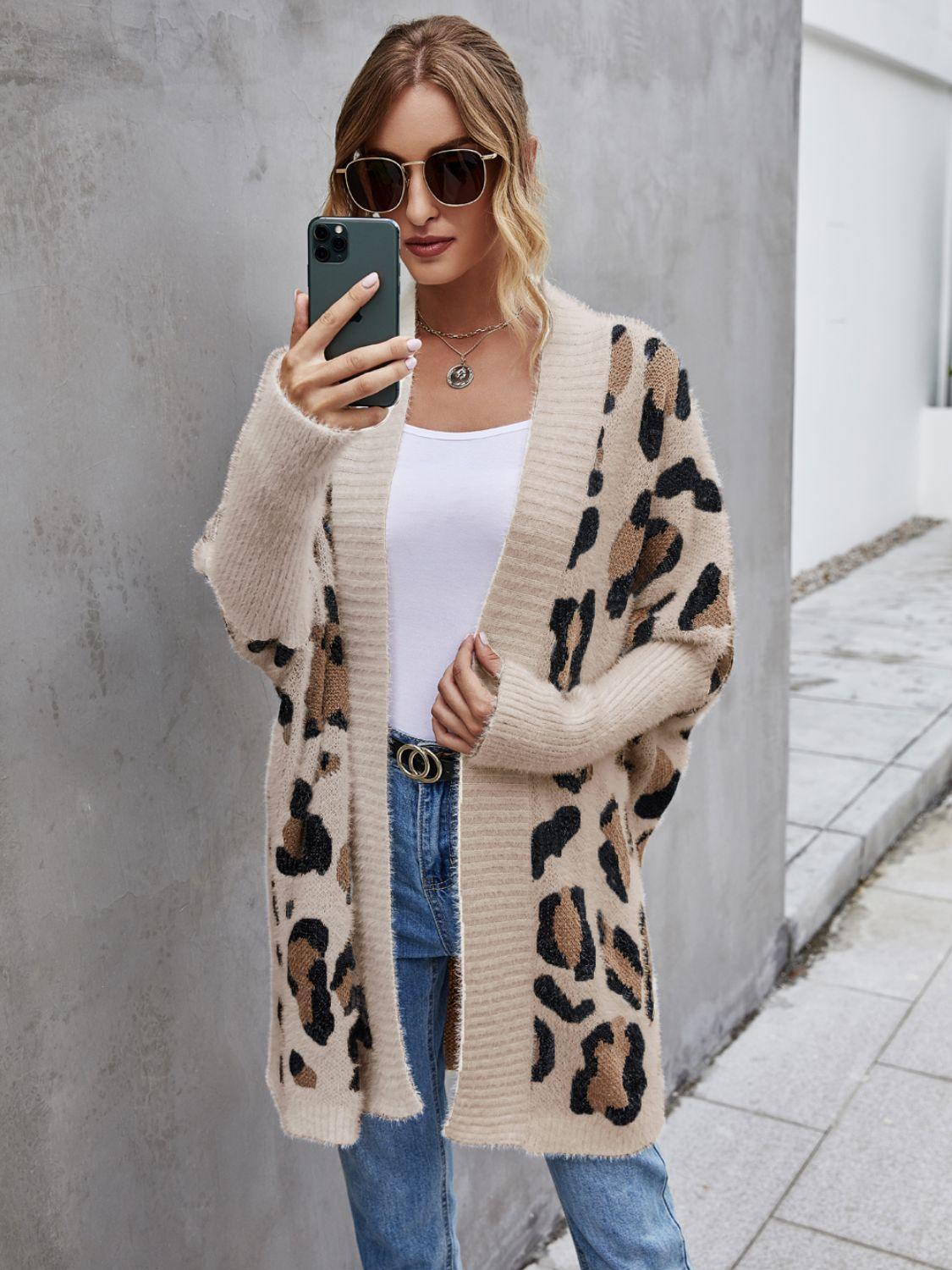 Angel Wings Leopard Pattern Fuzzy Cardigan Khaki