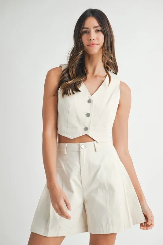 MABLE Button Down Vest Blazer and Shorts Set Ecru