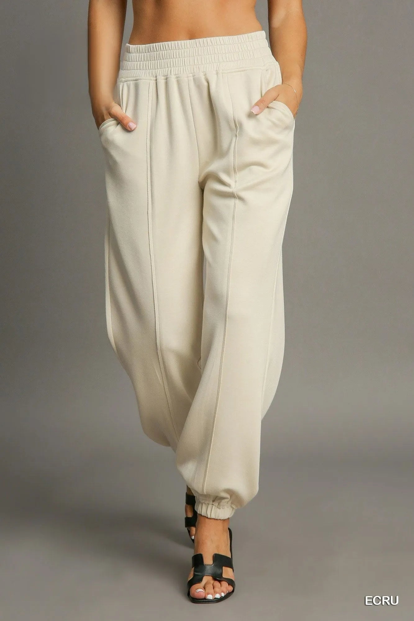 Umgee Drawstring Jogger Pants with Front Seam Detail ECRU