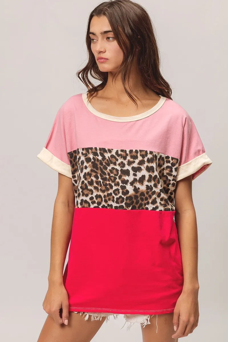 BiBi Leopard Printed Jersey Color Block Roll Up