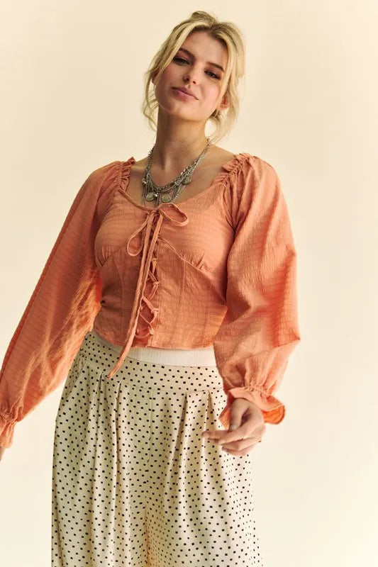 Davi & Dani Strap Front Corset Look Long Puff Sleeve Blouse