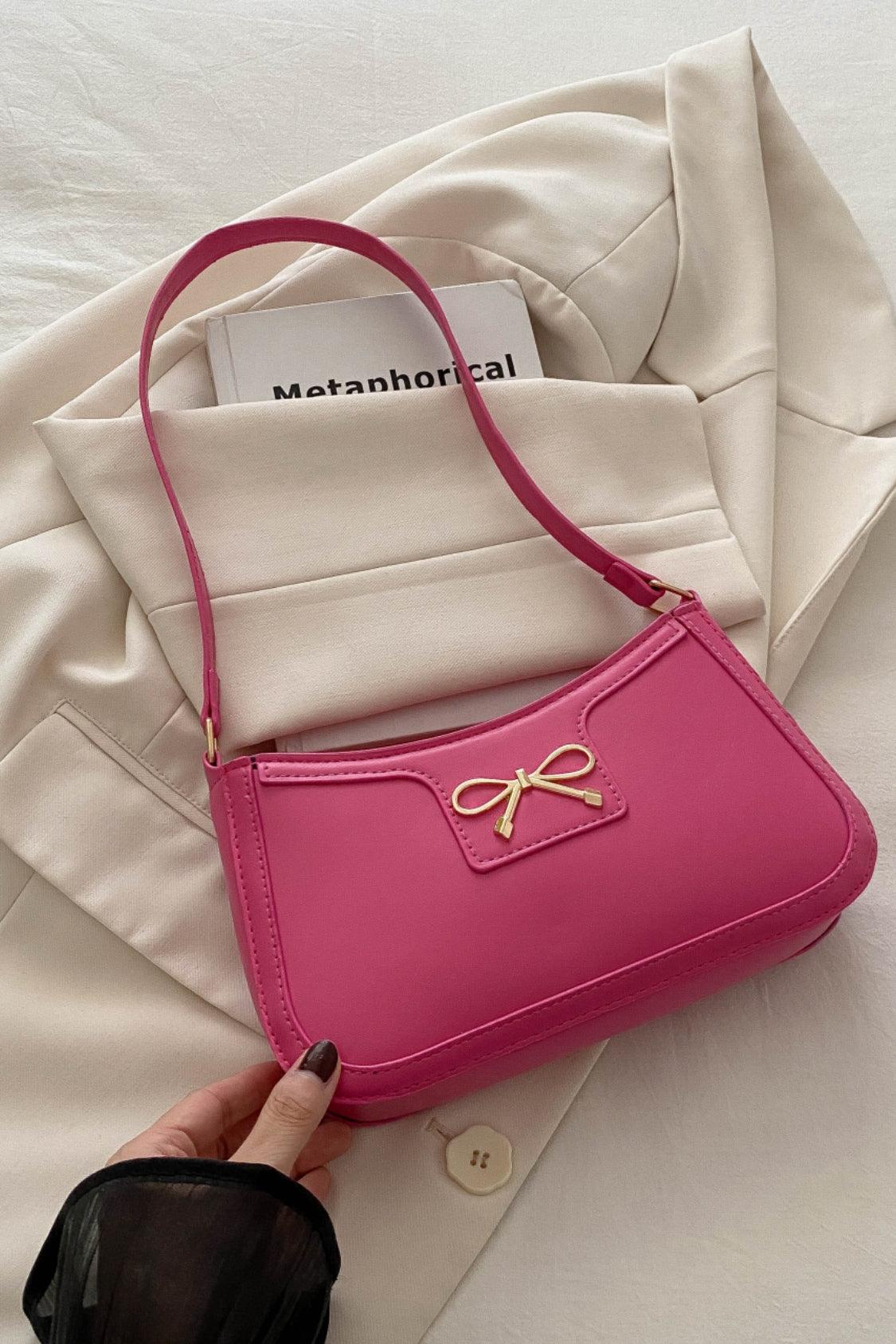 Bow Trim PU Leather Shoulder Bag Hot Pink One Size