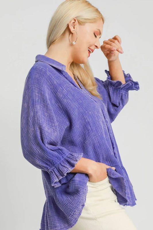 Umgee Plus Size Size Mineral Washed Cotton Gauze Top