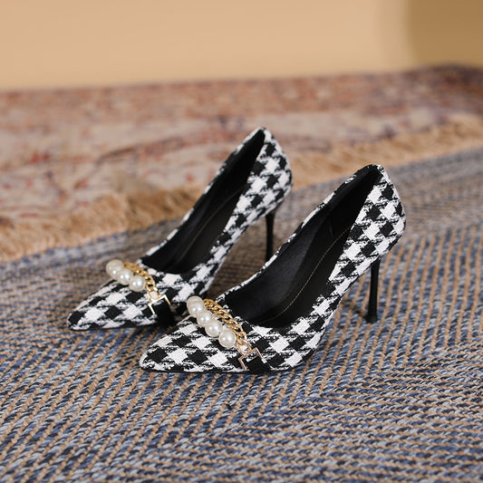 Plaid Pearl Detail Point Toe Stiletto Pumps