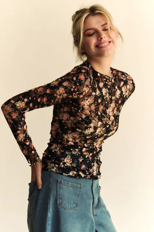 Davi & Dani Floral Print Mesh Long Sleeve Layering Top