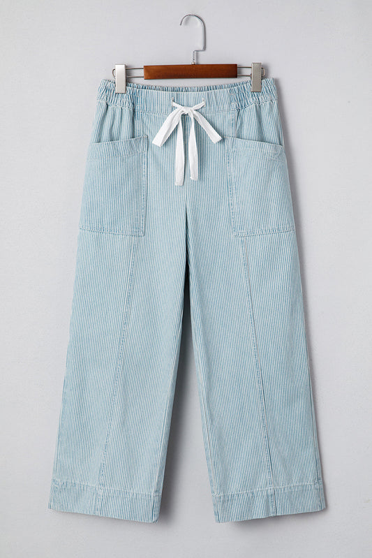 Stripe Denim Mid-Rise Drawstring Waist Jeans