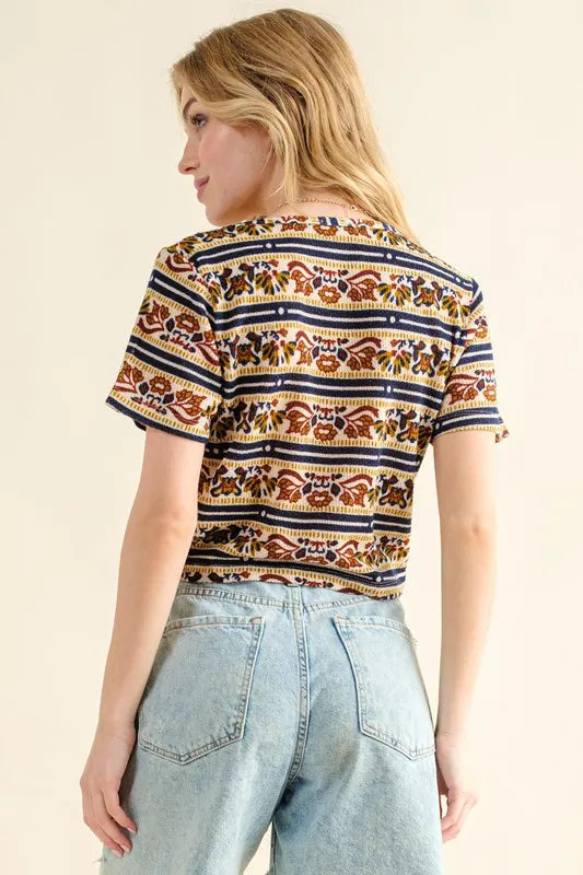And The Why Printed V Neck Cropped T-Shirt