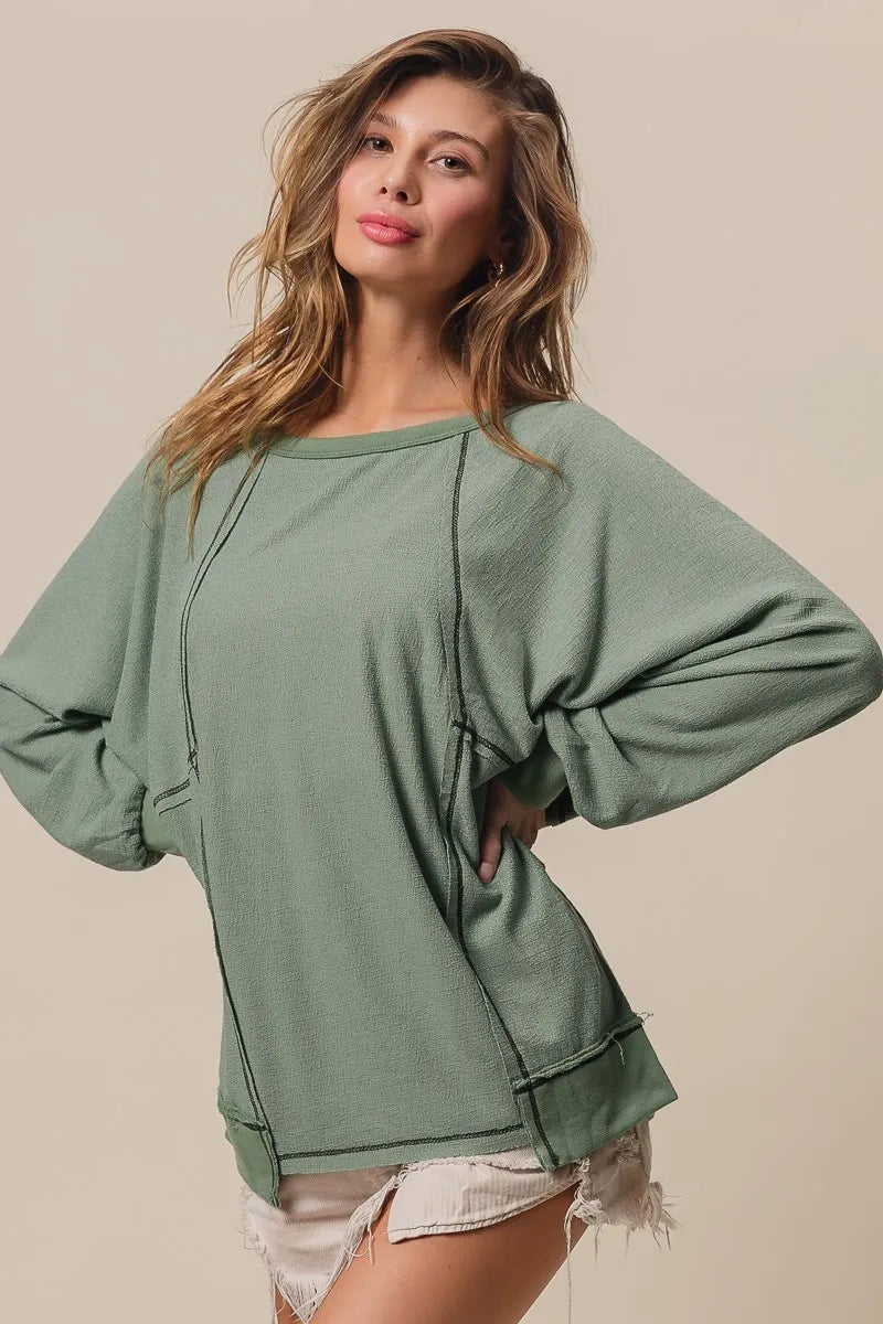 BiBi Cross Hatch Knit Uneven Hem Cont Lslv Top SAGE
