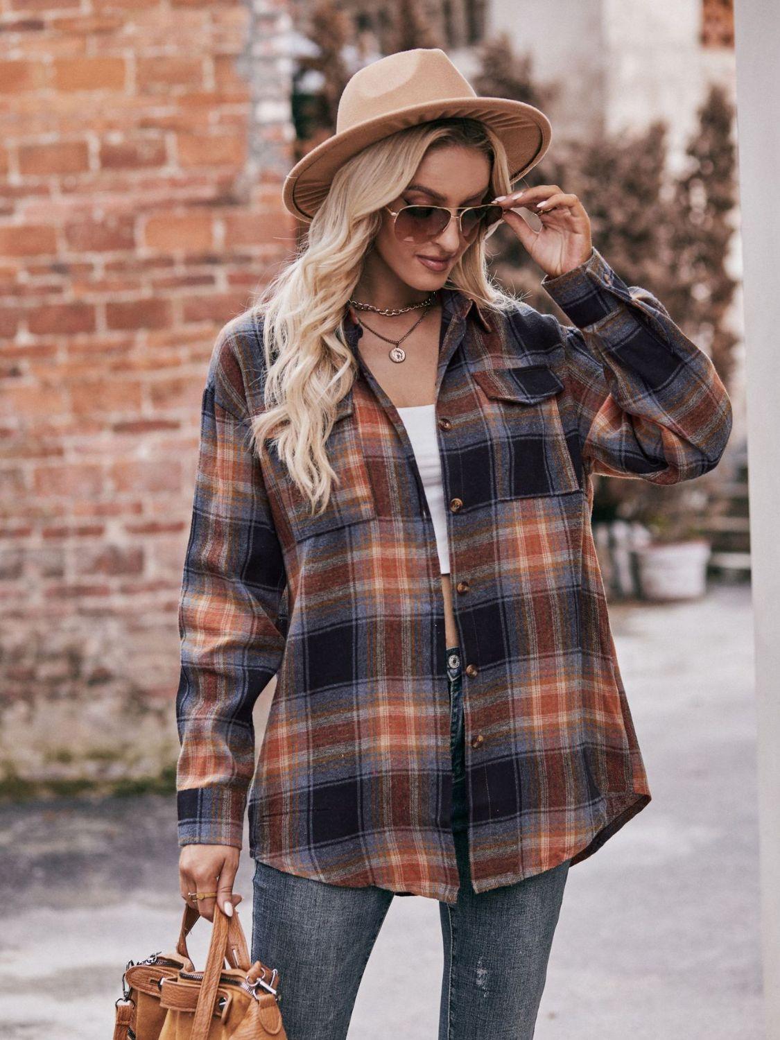 Mandy Plaid Dropped Shoulder Longline Shirt Brown Black