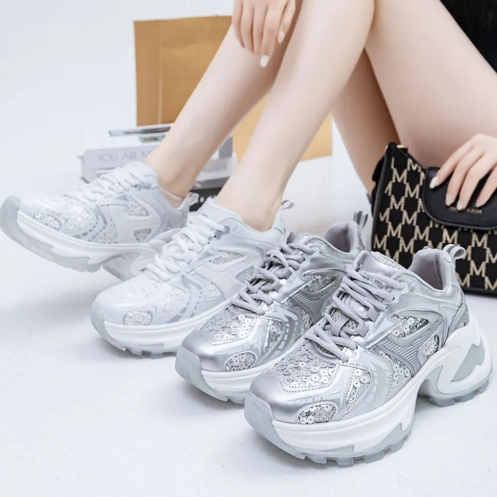 Lace Up Sequined Detail Platform Sneakers