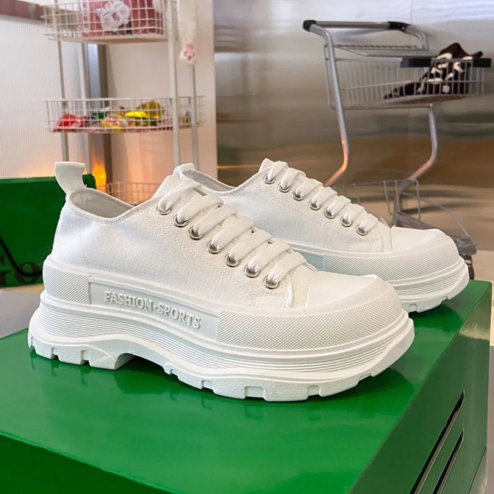 Lace Up Round Toe Platform Sneakers White