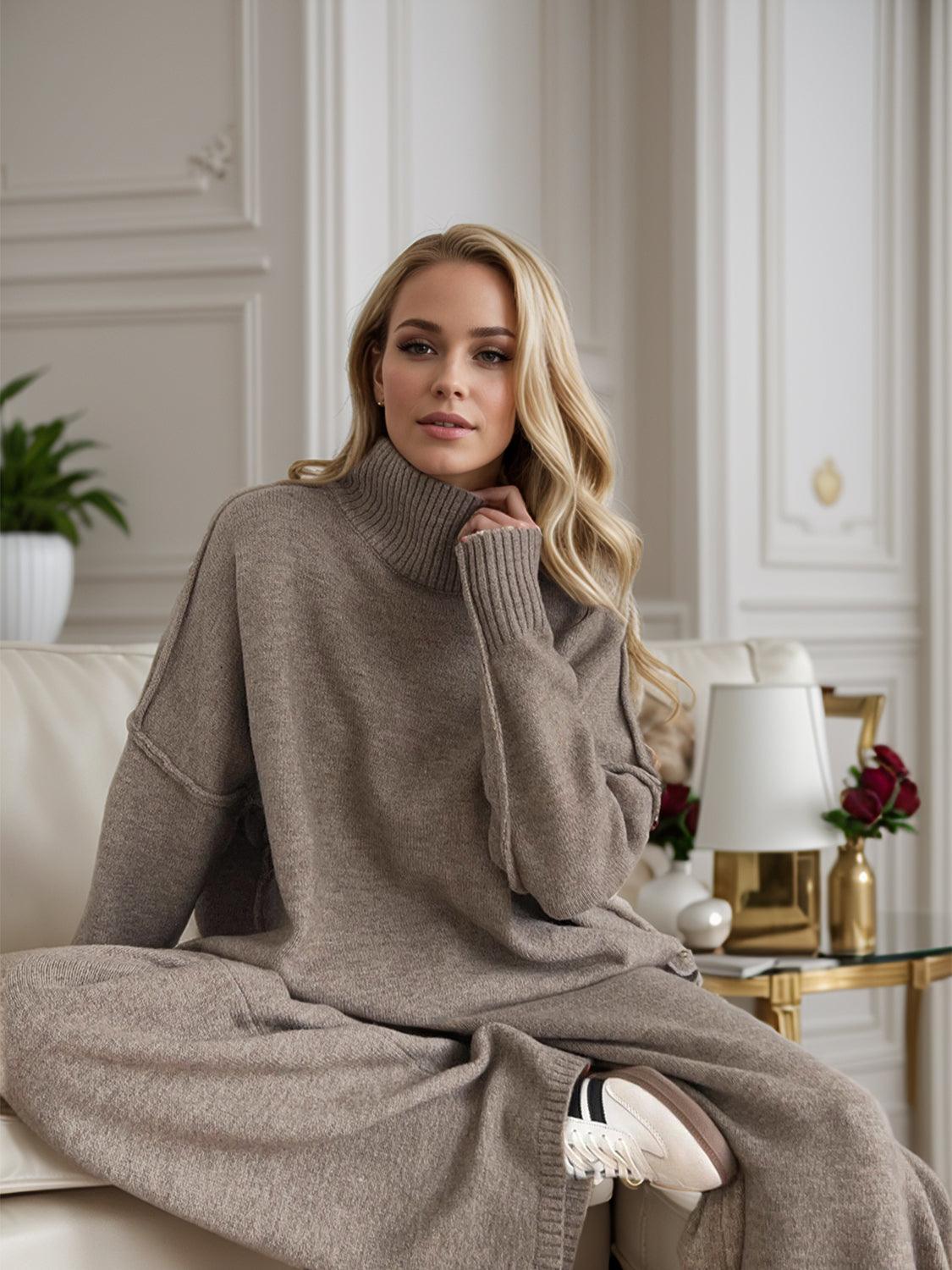 Slit Turtleneck Long Sleeve Top and Pants Sweater Set Taupe One Size