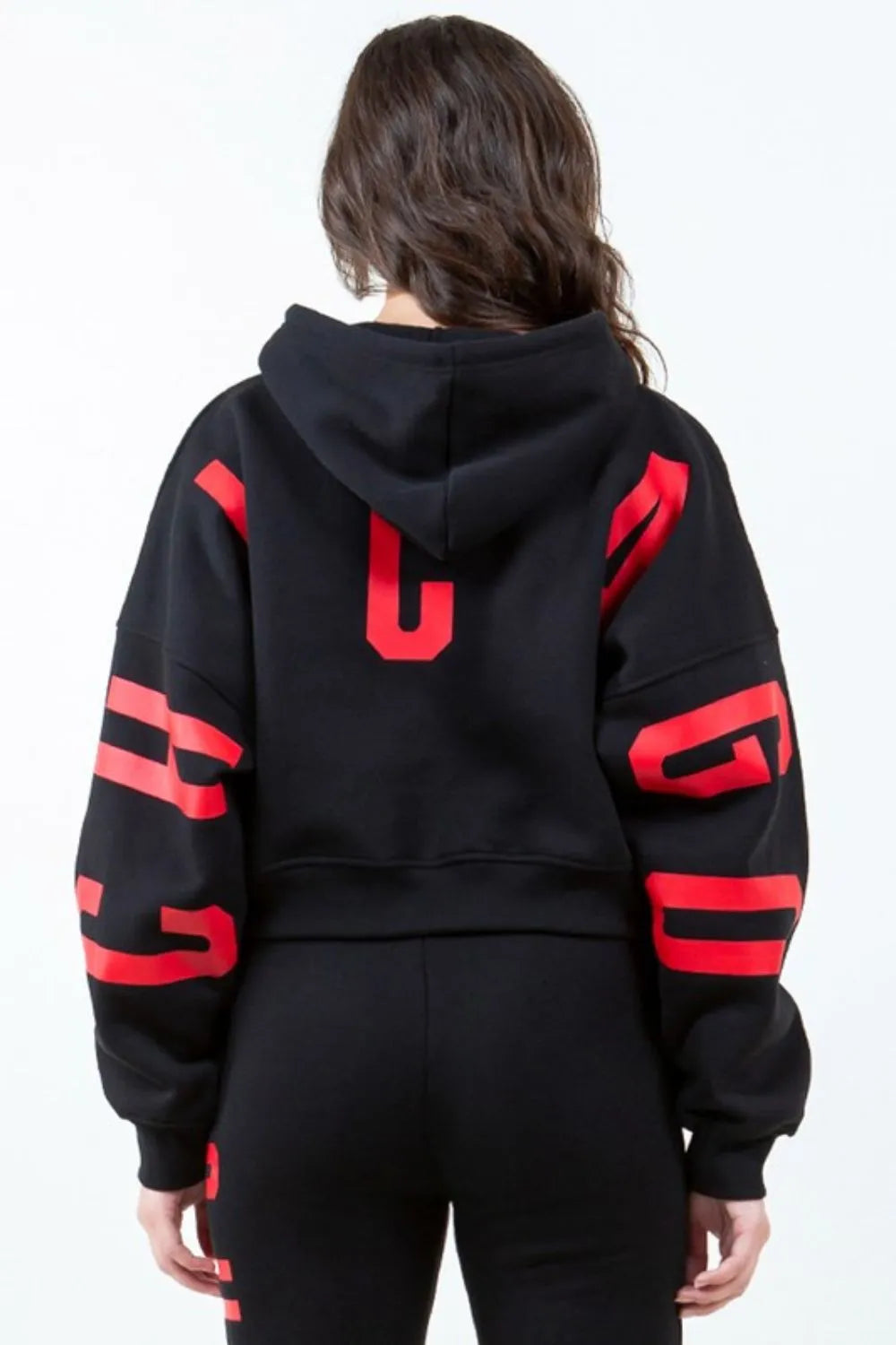 American Bazi Letter Graphic Long Sleeve Drawstring Cropped Hoodie Black