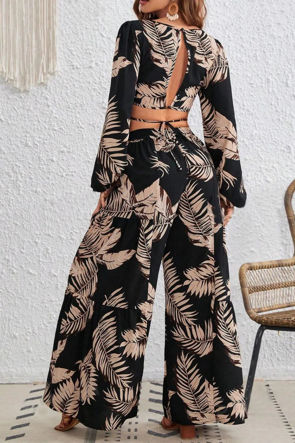 Printed Round Neck Long Sleeve Top and Pants Set