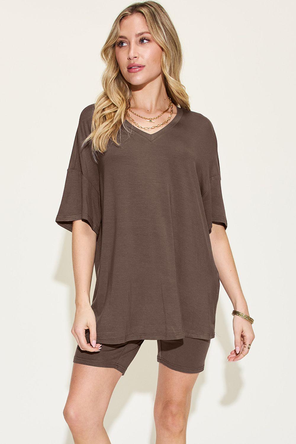 Basic Bae V-Neck T-Shirt and Shorts Set - Full Size Drop Shoulder Outfit Chocolate
