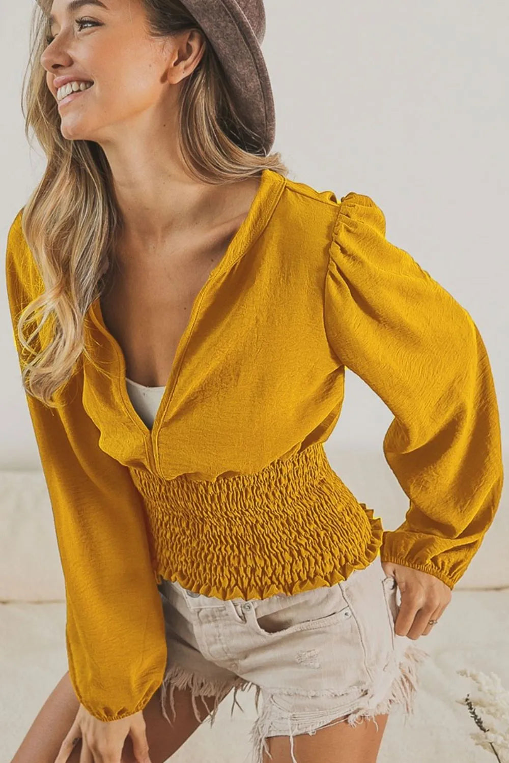 BiBi Smoking Waist Band and Puff Sleeves Deep V Neck Top VINTAGE MUSTARD