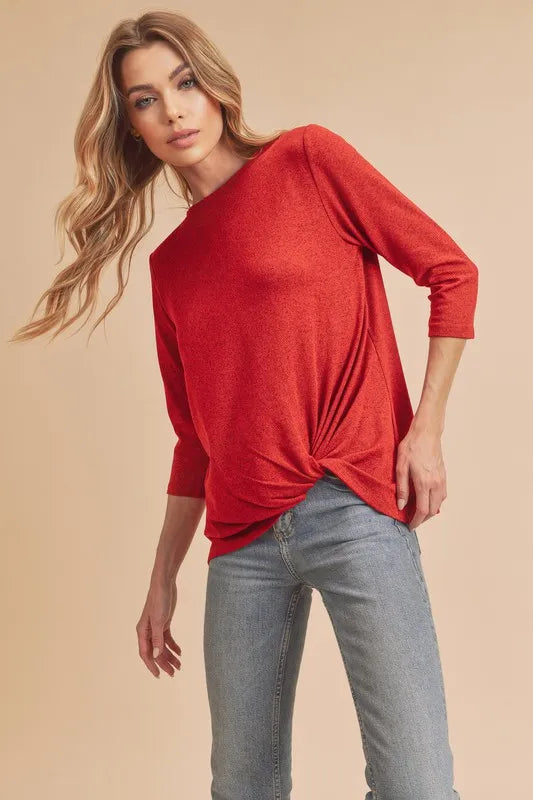 Aemi + Co Twist Front Round Neck 3/4 Sleeve T-Shirt