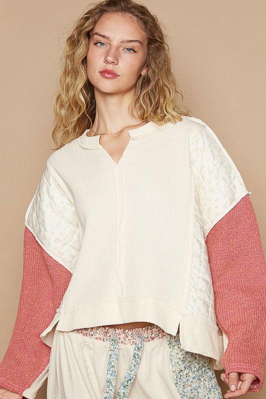 POL Waffle-Knit Contrast Notched Long Sleeve Knit Top Cream multicolor