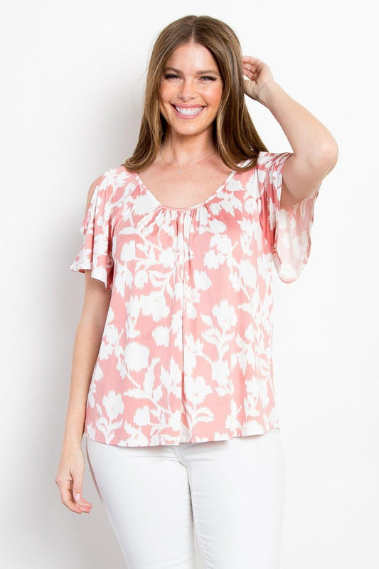 Be Stage Full Size Foral Cold Shoulder Top Pink