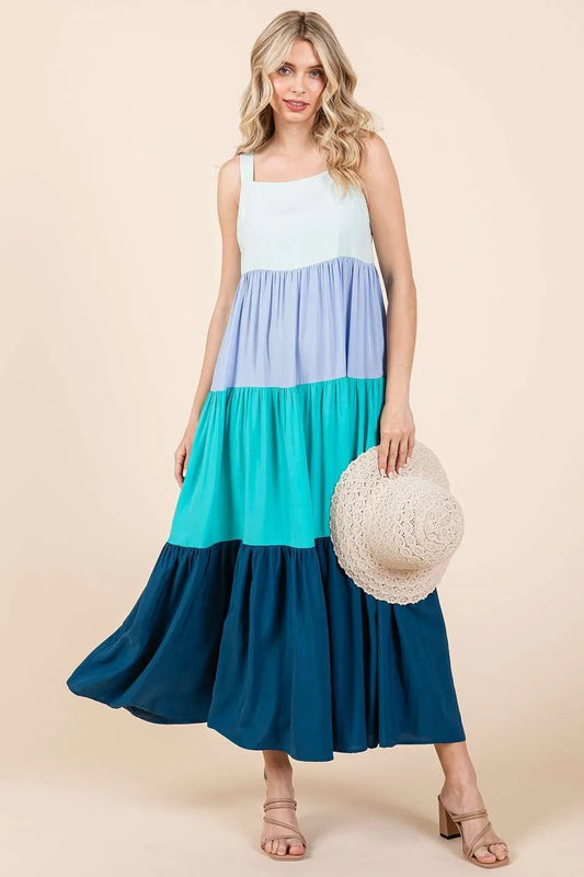 Mittoshop Color Block Tiered Pull-On Maxi Dress BLUE MULTI