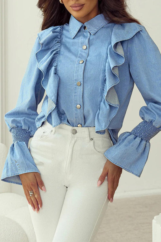 Ruffled Button Up Long Sleeve Denim Top Medium