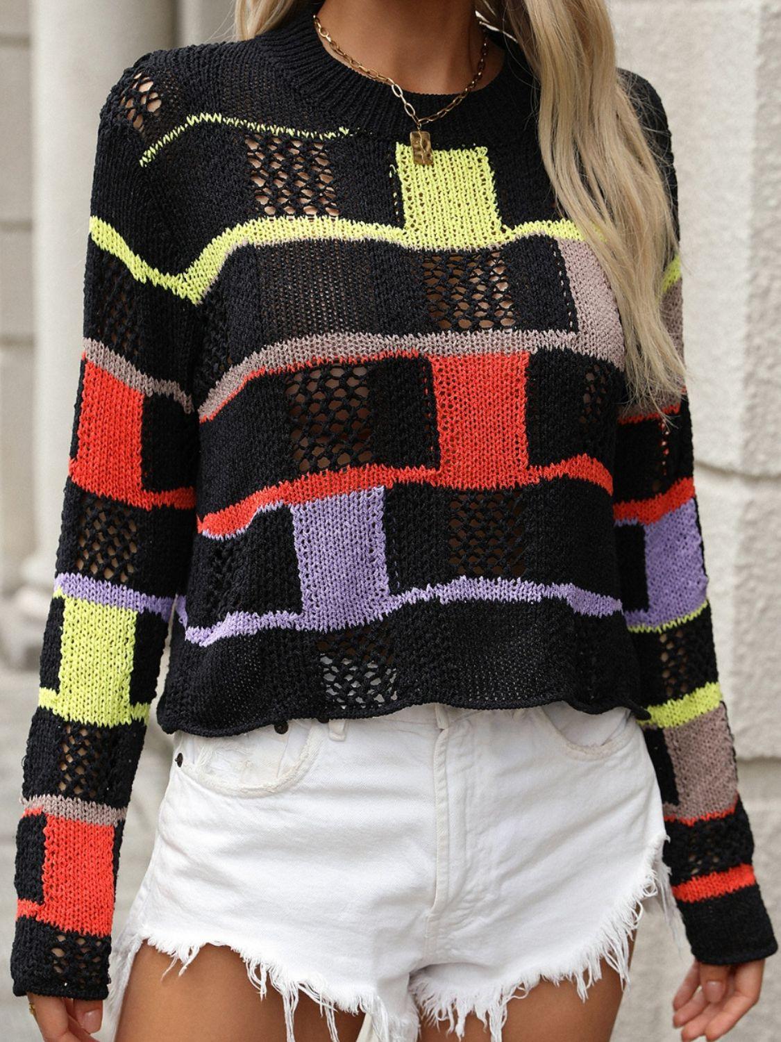 Openwork Color Block Round Neck Sweater Black