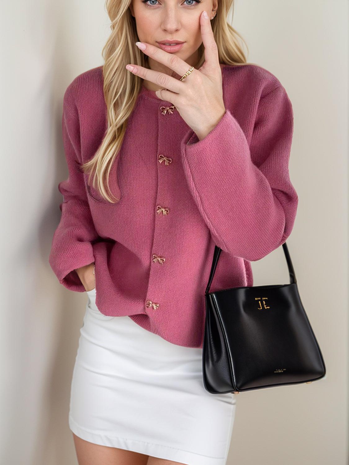 Bow Button Down Round Neck Long Sleeve Cardigan Dusty Pink One Size