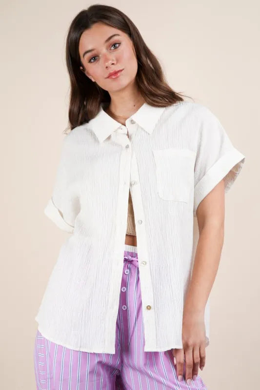 VERY J Oversized Dolman Sleeve Crinkled Woven Shirt