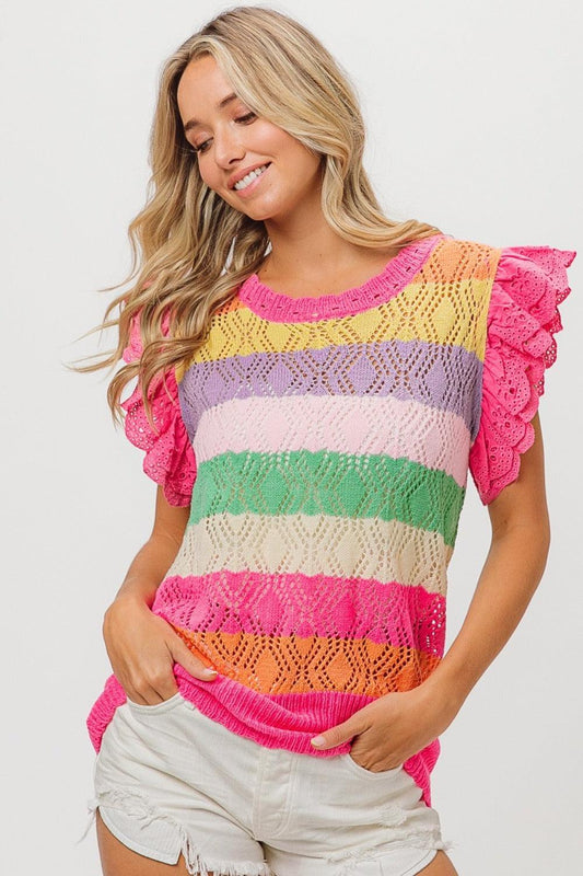 BiBi Pointelle Striped Ruffled Knit Top Fuchsia Combo