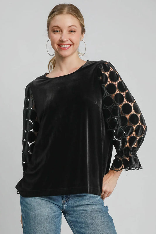 Umgee Polka Dot Lace Long Sleeve Round Neck Blouse Black