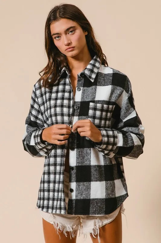 BiBi Plaid Fleece Button Down Long Sleeve Shirt Black