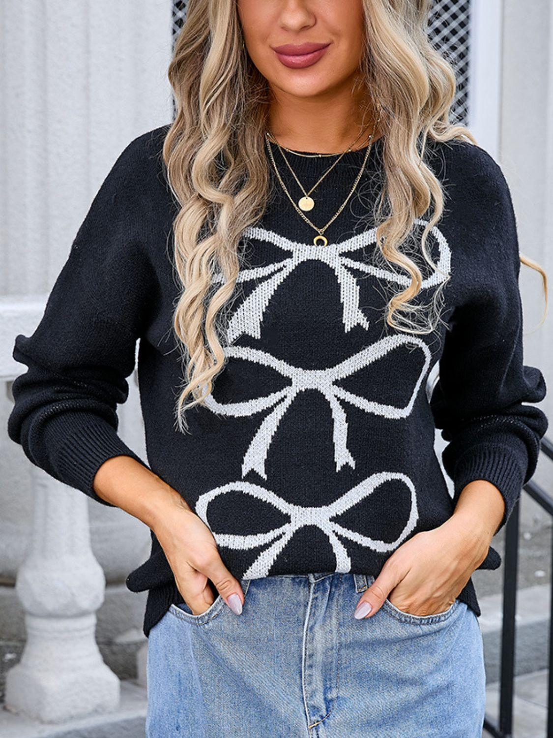 Angel Wings Bow Graphic Round Neck Long Sleeve Sweater Black