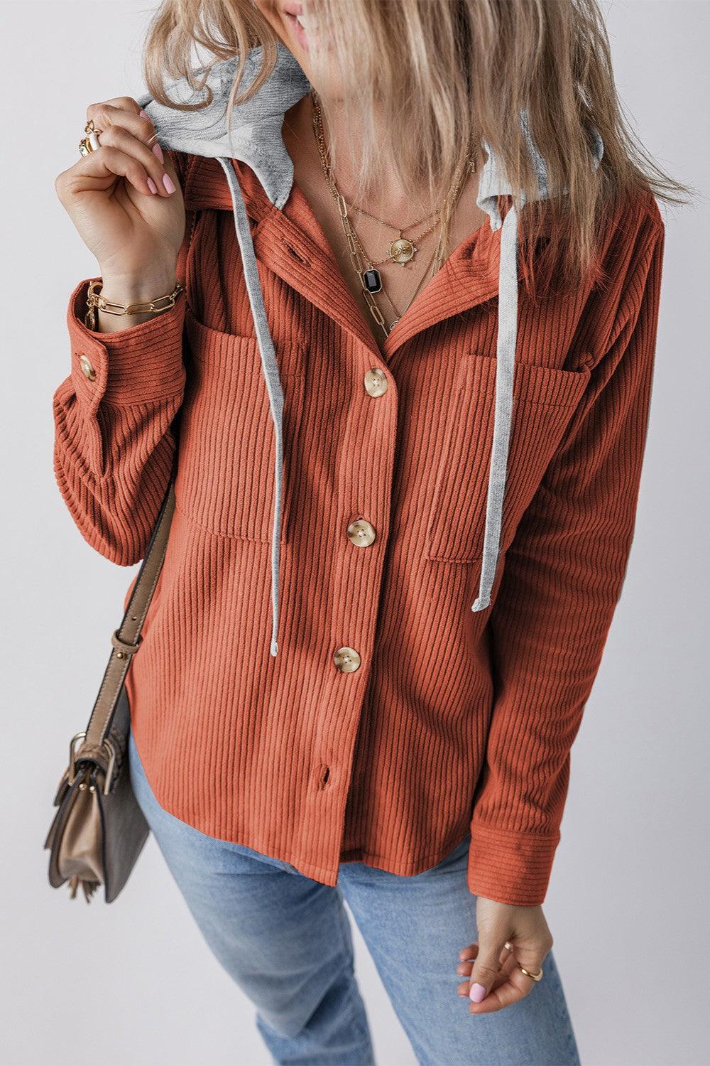 Drawstring Button Up Long Sleeve Hooded Jacket Orange-Red