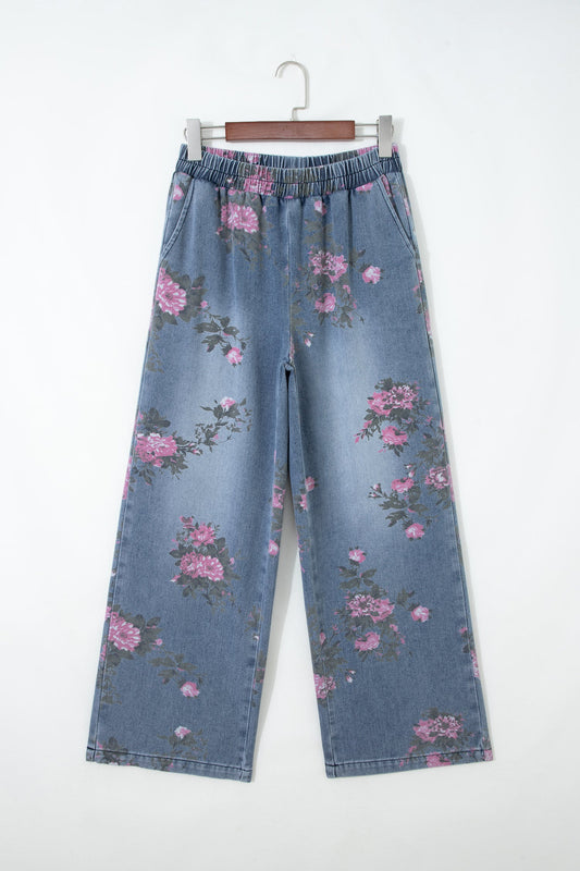Floral Denim Elastic Waist Straight Leg Jeans