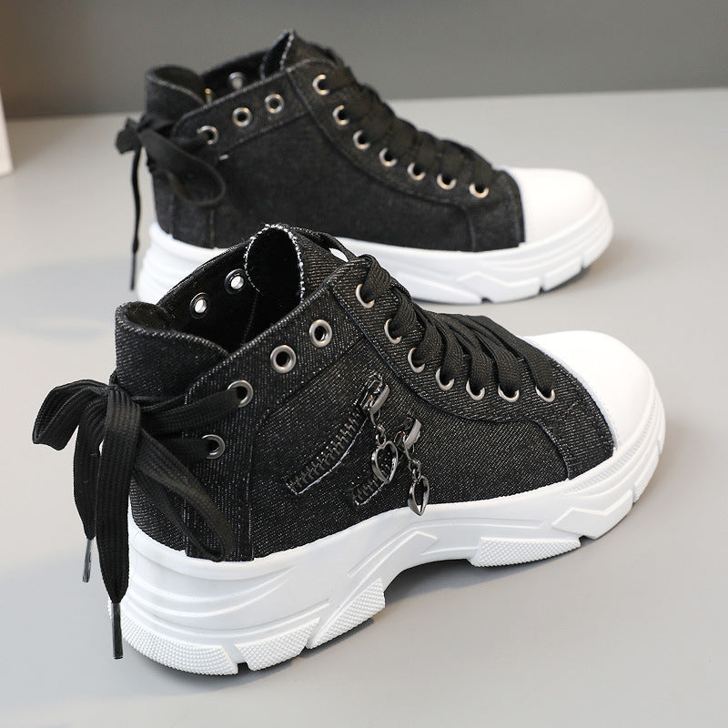 Decor Zipper Lace Up Round Toe Platform Sneakers Black