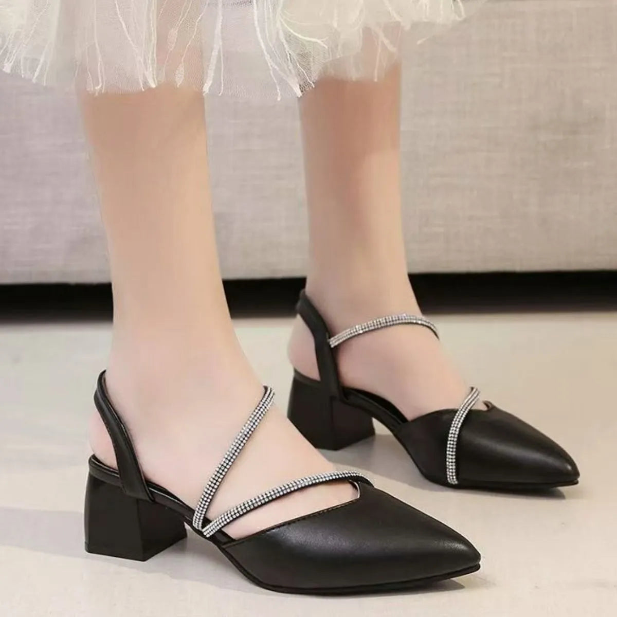 Point Toe Block Heels Pumps Black