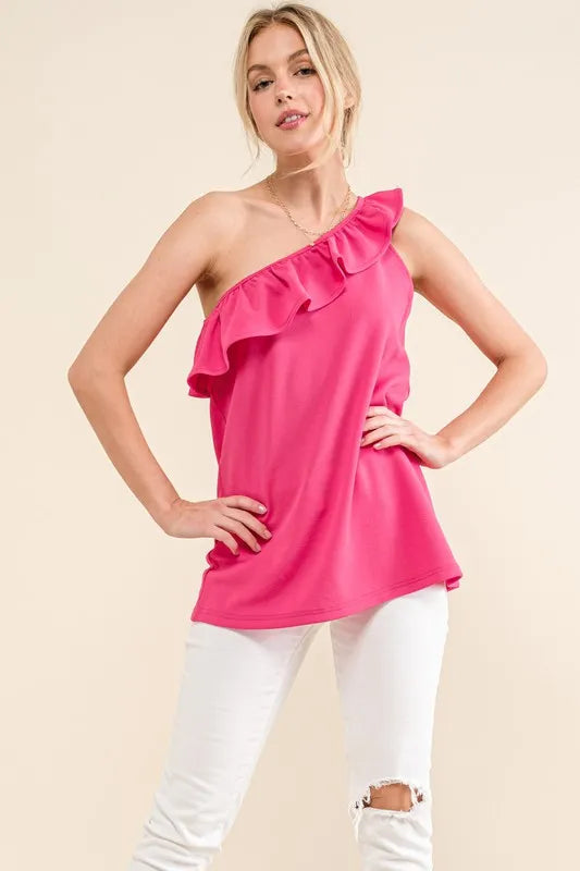 And The Why Ruffle One Shoulder Sleeveless Tank Top MAGENTA