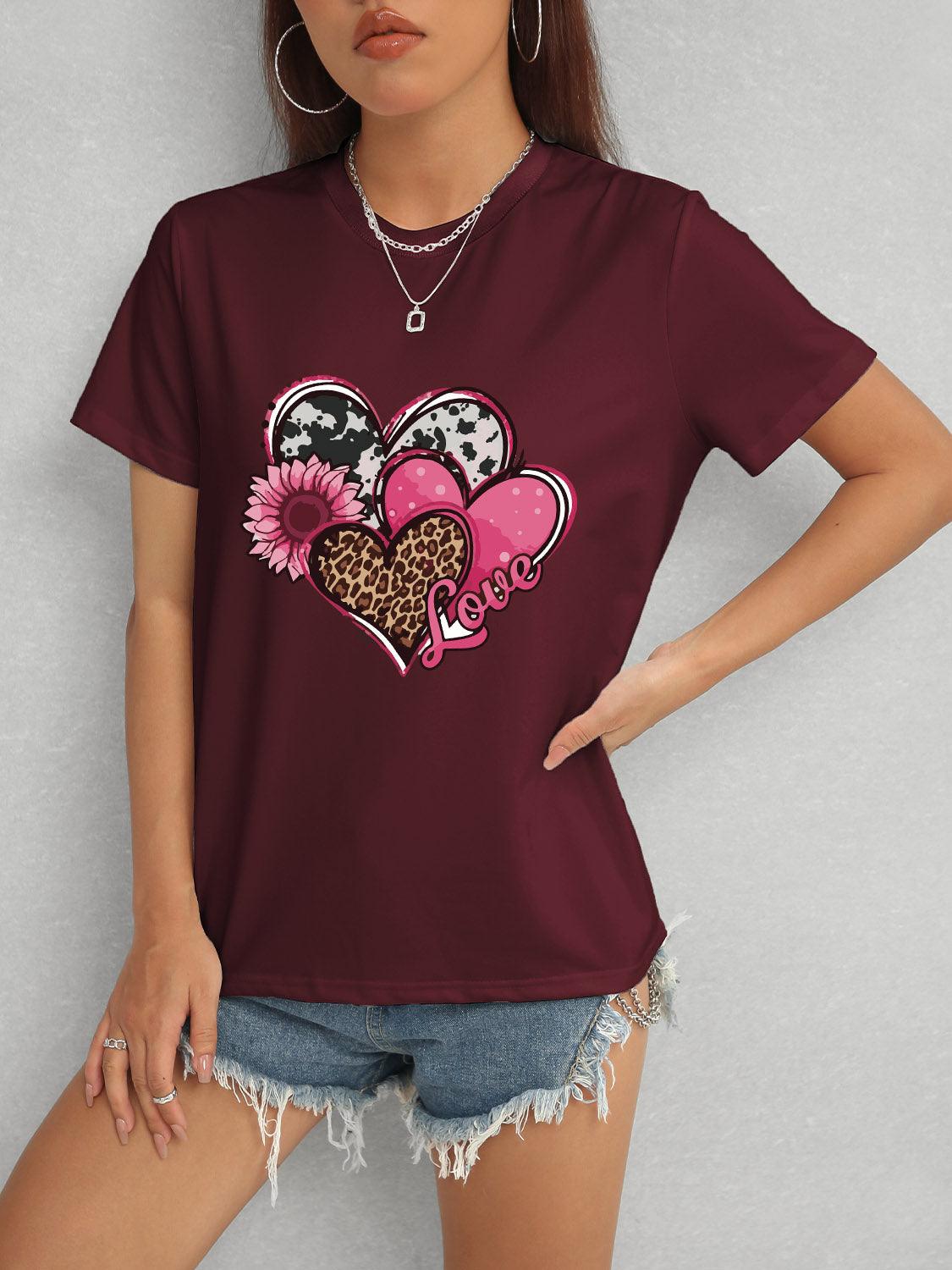 Heart Round Neck Short Sleeve T-Shirt Wine